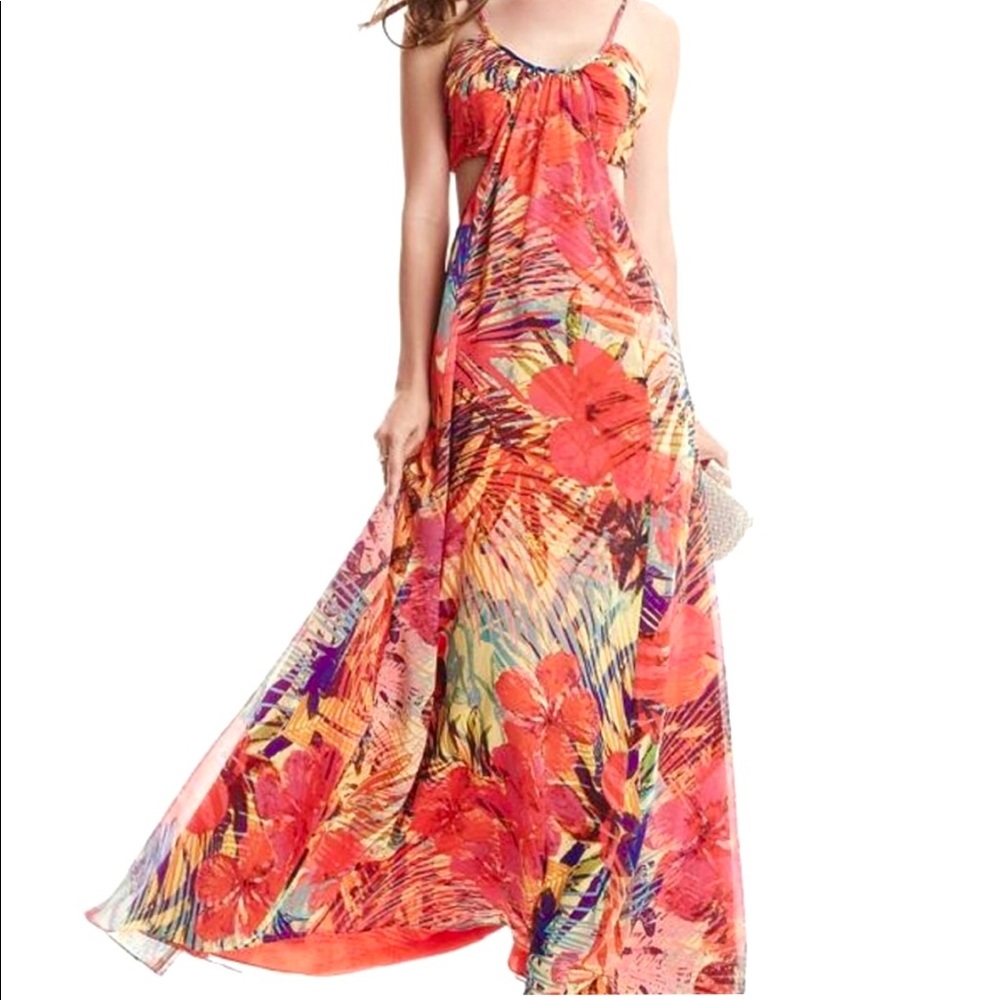 Marciano Hot House Hibiscus cut out maxi dress